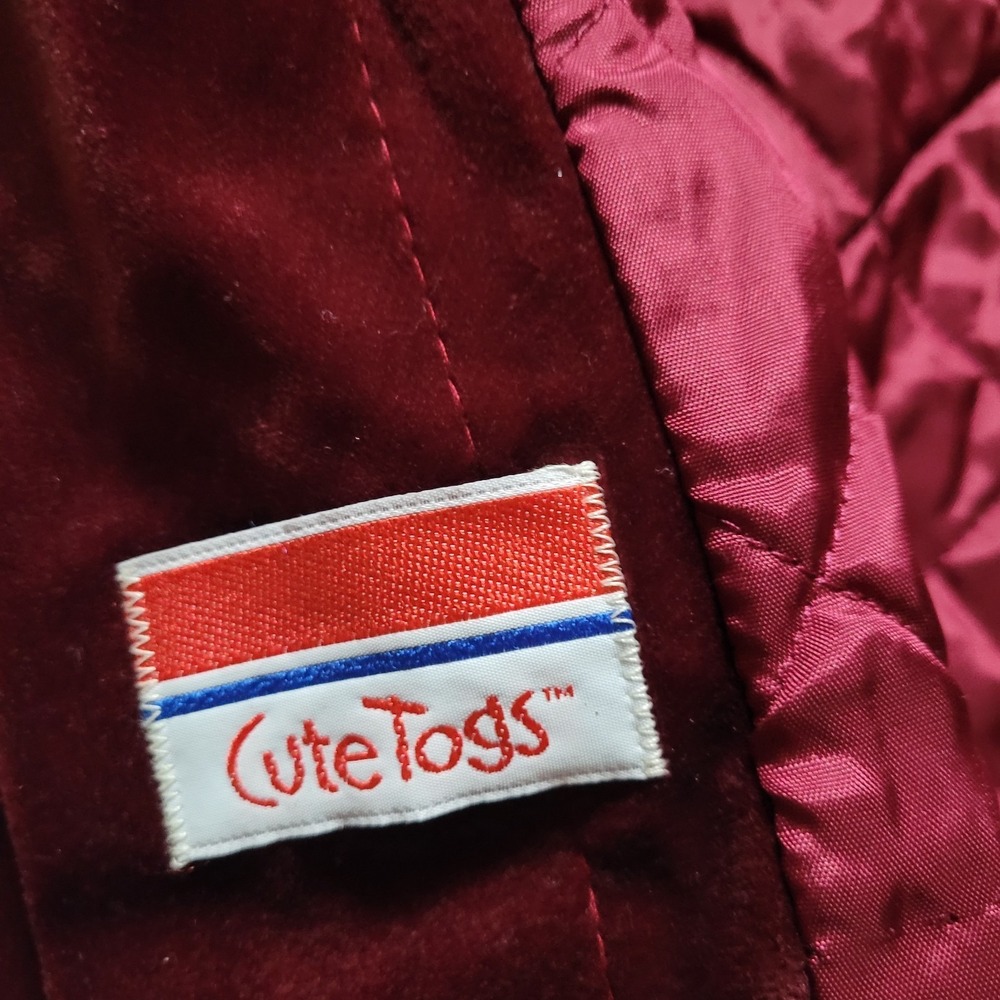 Vintage Cute Togs Burgundy Velvet Toddler Coat & Bonnet Set Double Breasted 2pc - Picture 6 of 8